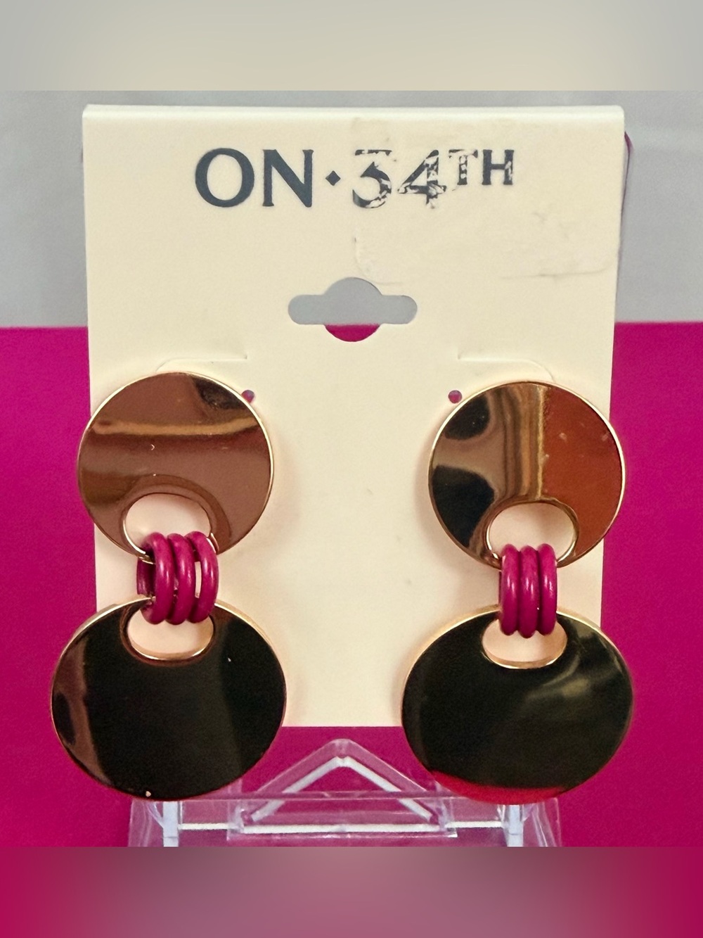 ON 34th Funky Gold Mirrored Disc Dangle Drop Earrings with Fuchsia Accents NWT